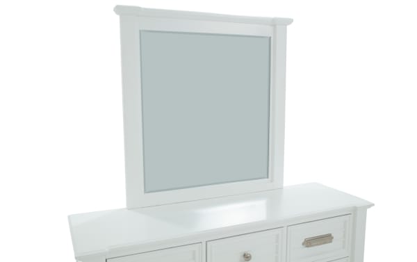 White MDF Sunset Cove Youth 7 Drawer Dresser with beveled mirror, coastal style, smooth-glide drawers, felt-lined top drawer, durable kid’s bedroom furniture.