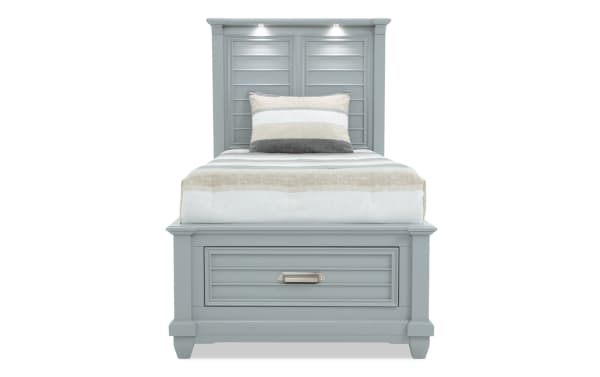 Sunset Cove Youth Twin Gray Storage Bed in coastal style, MDF construction, with built-in smooth-glide drawer and touch-activated LED lights.