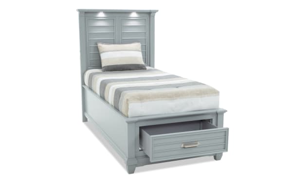 Sunset Cove Youth Twin Gray Storage Bed in coastal style, made of gray MDF with built-in smooth-glide drawer and touch-activated LED lights.