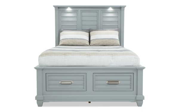 Sunset Cove Youth Full Gray Storage Bed in coastal style with gray MDF frame, two smooth-glide storage drawers, and built-in touch LED lighting.