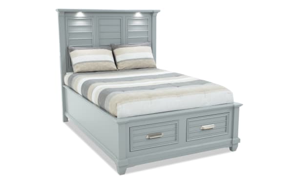 Sunset Cove Youth Full Gray Storage Bed in coastal style, MDF construction, with two smooth-glide drawers and touch-activated LED lighting.