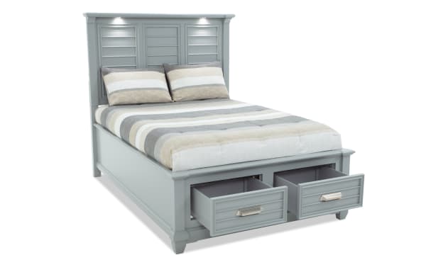 Sunset Cove Youth Full Gray Storage Bed in coastal style with MDF frame, built-in LED lighting, and two smooth-glide storage drawers.
