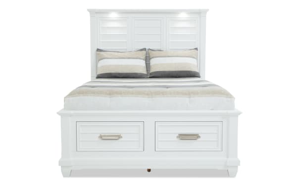 Sunset Cove Youth Full White Storage Bed in coastal style, MDF construction, with two smooth-glide drawers and a white paneled headboard.