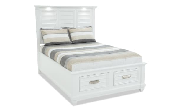 Sunset Cove Youth Full White Storage Bed in coastal style, MDF construction, with two built-in drawers and touch LED lighting in headboard.