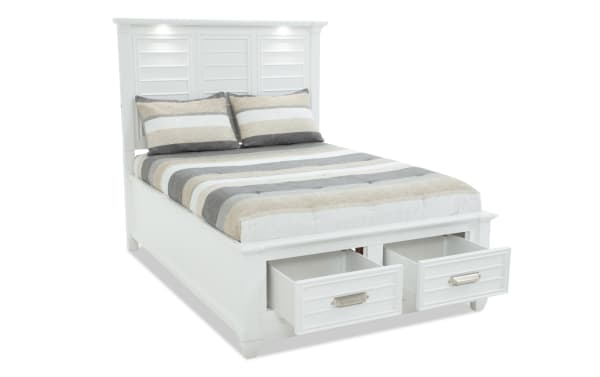 Sunset Cove Youth Full White Storage Bed in coastal style with MDF frame, two smooth-glide built-in drawers, and touch-activated LED lighting.