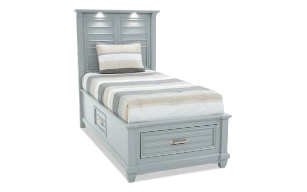 Sunset Cove Youth Twin gray coastal storage bed in MDF with built-in drawers and touch LED lighting, part of Sunset Cove Youth Bedroom collection.