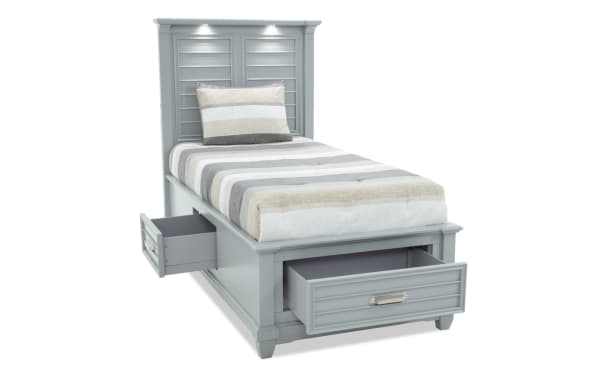 Sunset Cove Youth Twin gray MDF storage bed in coastal style with 3 built-in drawers and touch-activated LED lighting for kids' bedrooms.