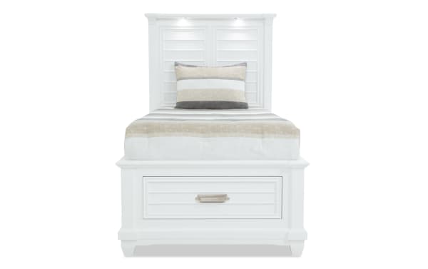 Sunset Cove Youth Twin White All Around Storage Bed in coastal style, MDF construction, with built-in drawer and touch LED lighting.