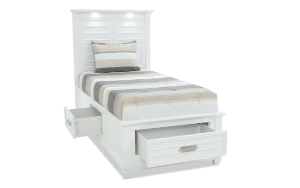 Sunset Cove Youth Twin white MDF storage bed with coastal style, featuring 3 built-in drawers and touch-activated LED lighting for kids’ rooms.
