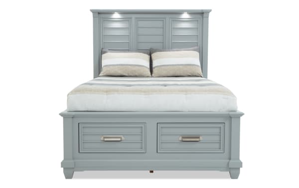 Sunset Cove Youth Full Gray All Around Storage Bed in coastal style, MDF construction, with gray finish, paneled headboard, and two front drawers for storage.