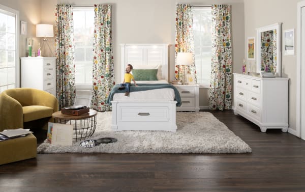 Sunset Cove Youth Full Gray All Around Storage Bed in coastal style with white MDF frame, 4 built-in drawers, and touch LED lighting in a bright bedroom setting.