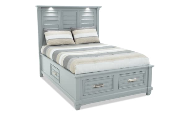 Sunset Cove Youth Full Gray All Around Storage Bed in coastal style with MDF frame, built-in smooth-glide drawers, and touch LED lighting.