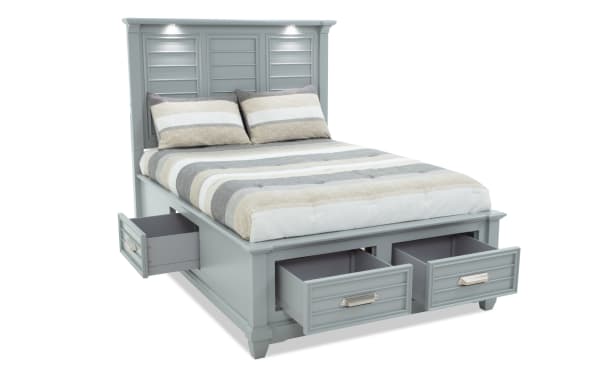Sunset Cove Youth Full Gray All Around Storage Bed in coastal style MDF with 4 smooth glide drawers, touch LED lighting, and striped bedding.