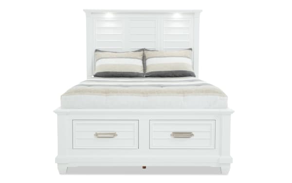 Sunset Cove Youth Full White All Around Storage Bed in coastal style with MDF frame, white finish, louvered headboard, and 2 front drawers for storage.