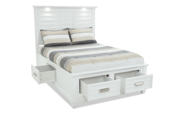 Sunset Cove Youth Full White All Around Storage Bed in coastal style, MDF construction, with 4 smooth-glide drawers and touch LED lights.