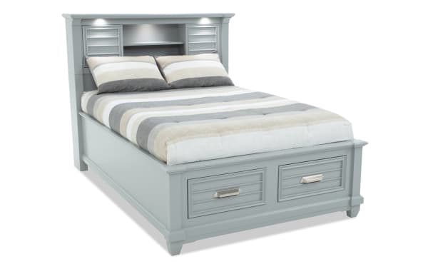 Sunset Cove Youth Full Gray Bookcase Storage Bed in coastal style, MDF with built-in LED lighting, USB/USB-C ports, and 2 storage drawers.