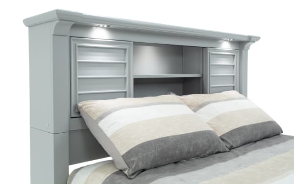 Sunset Cove Youth Full gray MDF bookcase storage bed headboard with coastal style, built-in shelf, touch LED lights, and charging ports.
