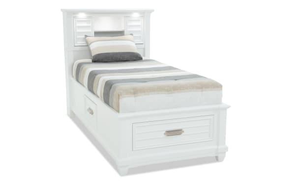 Sunset Cove Youth Twin White Bookcase All Around Storage Bed in coastal style, MDF with 3 storage drawers, LED lighting, power outlets, USB ports.