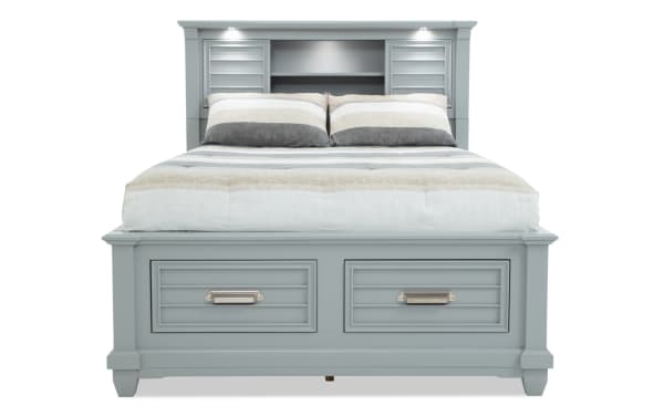 Sunset Cove Youth Full Gray Bookcase All Around Storage Bed in coastal style with MDF frame, built-in LED lighting, 4 storage drawers, and USB/USB-C ports.