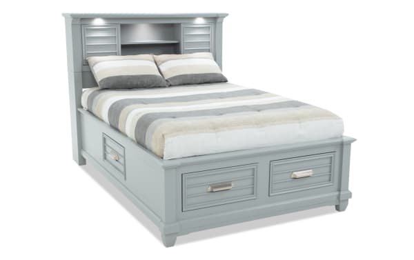 Sunset Cove Youth Full Gray Bookcase Storage Bed in coastal style, MDF material, with 4 drawers, LED lighting, power and USB-C ports in headboard.
