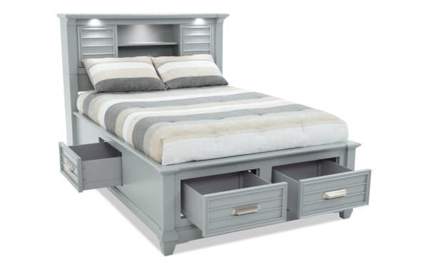Sunset Cove Youth Full Gray Bookcase Storage Bed in coastal style, MDF with 4 storage drawers, built-in LED lights, power outlets, USB/USB-C ports.
