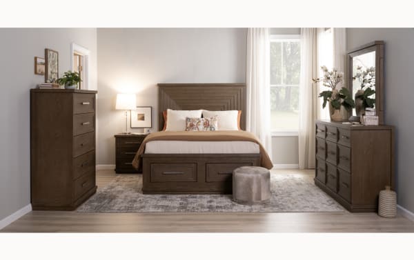 Contemporary Infinity Queen Brown Storage Platform Bed in MDF with six cedar-lined drawers, LED headboard lighting, and sleek design from Infinity Bedroom collection.