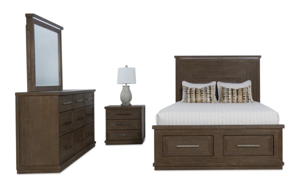 Contemporary Infinity 4 Piece Brown Queen Storage Bedroom Set in MDF with 18 drawers, LED-lit headboard and mirror, cedar-lined storage bed, and USB charging ports.
