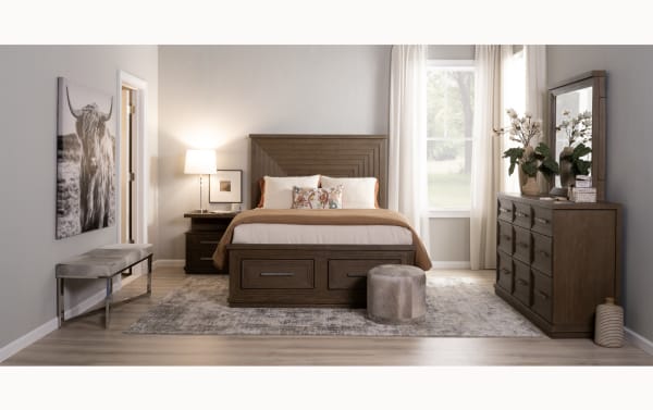 Contemporary Infinity 4 Piece Brown Queen Storage Bedroom Set in MDF with LED-lit headboard, beveled mirror, 18 drawers, built-in charging ports, and cedar-lined storage.