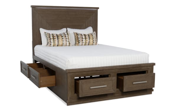 Contemporary Infinity 4 Piece Brown Queen Storage Bed in MDF with 18 drawers, cedar lining, LED headboard, and built-in charging ports.