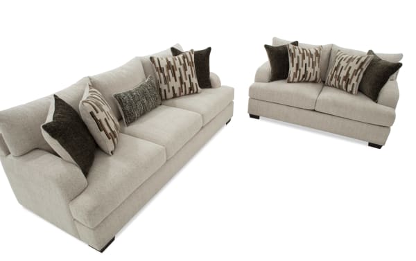 Cypress Beige 97'' sofa and 70'' loveseat set in beige polyester fabric with transitional style, featuring plush accent pillows and Bob-O-Pedic® Memory Foam cushions for superior comfort.