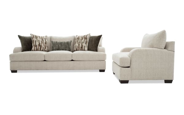 Beige Cypress 97'' sofa and chair set in transitional style with durable polyester fabric upholstery, Bob-O-Pedic® memory foam cushions, and cozy accent pillows.