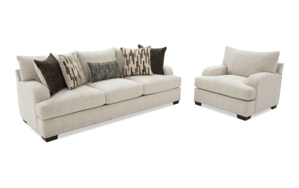 Cypress Beige 97'' Sofa & Chair set in transitional style with beige polyester fabric, featuring plush Bob-O-Pedic® Memory Foam cushions and cozy accent pillows. Durable, comfortable seating perfect for living rooms.