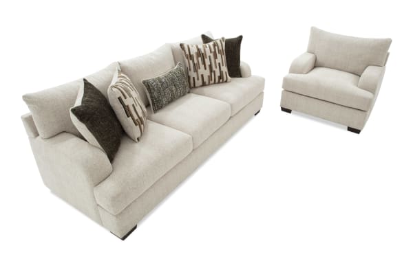 Cypress Beige 97'' Sofa & Chair set in beige polyester fabric with transitional style, featuring cozy accent pillows and memory foam cushions for comfort.