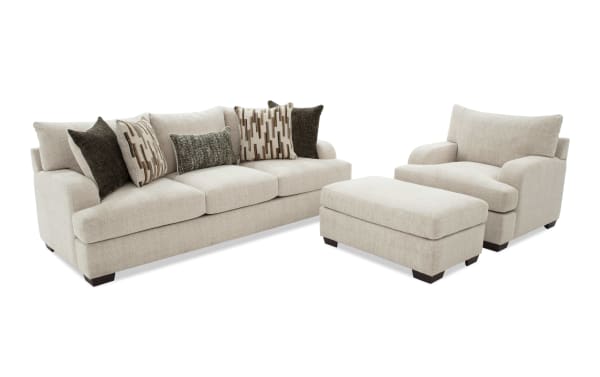 Cypress Beige 97'' transitional sofa, chair, and ottoman set with beige polyester fabric, Bob-O-Pedic® memory foam cushions, and cozy accent pillows.
