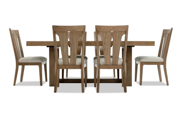 Melrose 7 Piece Natural & Beige Slat Back Extendable Dining Set with rectangular MDF and rubberwood table, beige polyester fabric chairs, transitional style, memory foam cushions, extendable from 80" to 104" for up to 10 seats.