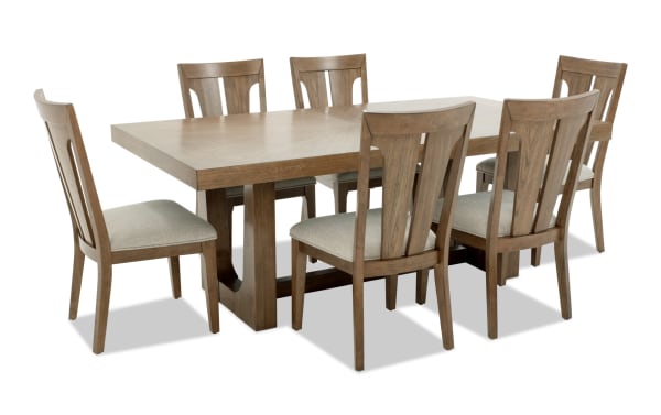 Melrose 7 Piece Natural & Beige Slat Back Extendable Dining Set with rectangular MDF, rubberwood, hickory veneer table and beige polyester fabric chairs.