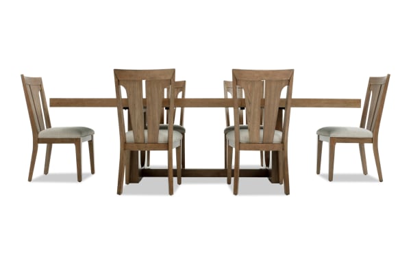Melrose 7 Piece Natural & Beige Slat Back Extendable Dining Set with rectangular rubberwood table and beige polyester fabric chairs.