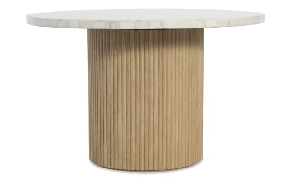 Delaney Natural & White Marble Round Dining Table with genuine white marble top and natural rubberwood fluted base, contemporary style.