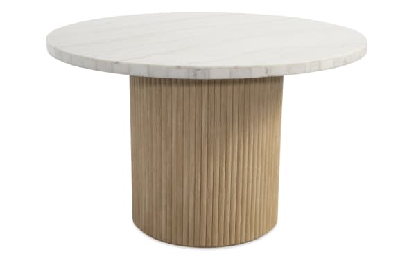 Delaney Natural & White Marble Round Dining Table with genuine white marble top and ribbed natural rubberwood base, contemporary style.