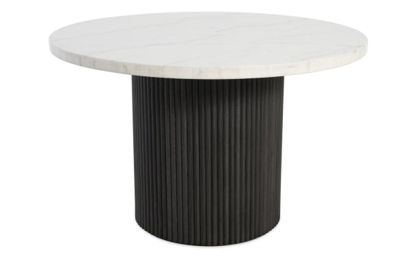 Delaney Black & White Marble Round Dining Table with genuine white marble top and black ribbed rubberwood base, contemporary style from Delaney Dining collection.