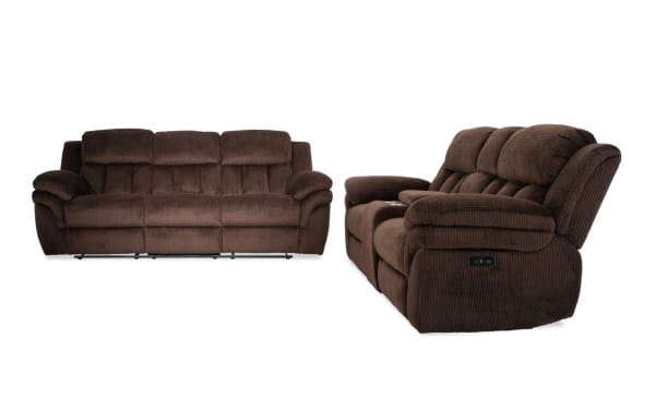 Brown plush fabric reclining sofa set with padded armrests and cushioned back support, featuring a built-in control panel for reclining functions.