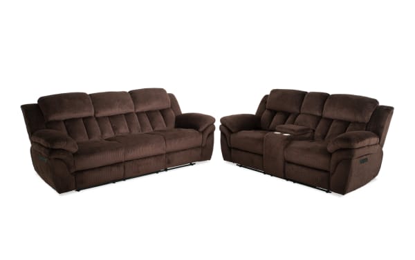 Two-piece dark brown corduroy reclining sofa set with plush cushioned backs and armrests, featuring built-in cup holders and control buttons.