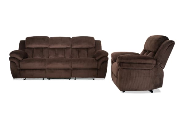 Brown plush fabric reclining sofa and armchair set with padded armrests and cushioned back support, designed for living room comfort.