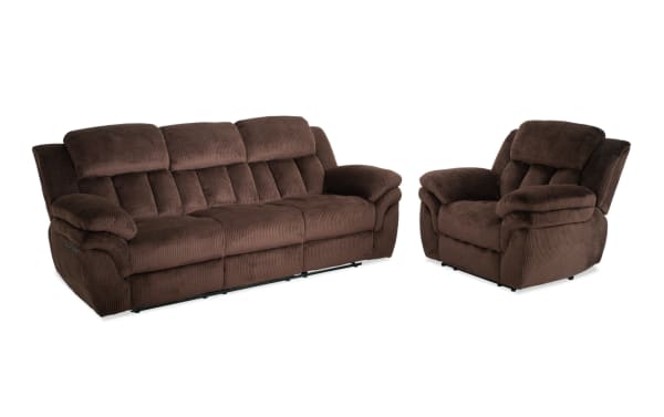 Brown plush fabric reclining sofa and armchair set with padded armrests and tufted back cushions, ideal for comfortable living room seating.
