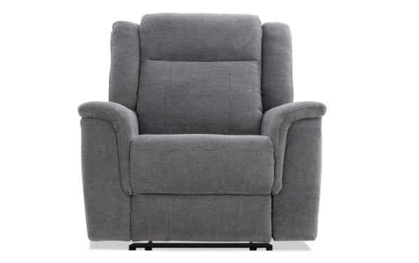Gray fabric upholstered recliner chair with padded armrests and cushioned backrest, designed for living room comfort and relaxation.