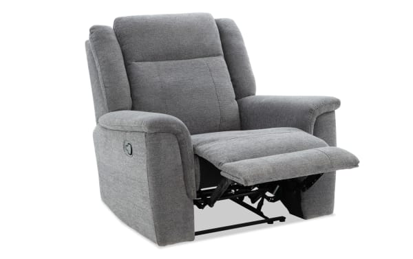 Gray fabric upholstered recliner chair with padded armrests, cushioned backrest, and extended footrest in a modern living room style.