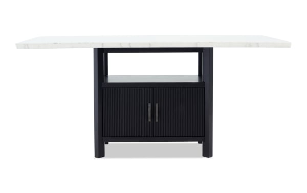 Elm Espresso & Marble Counter Height Storage Dining Table with bold rectangular white marble top, espresso MDF base, transitional style, and storage cabinet.