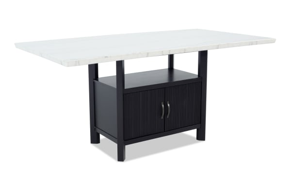 Elm Espresso & Marble Counter Height Storage Dining Table with rectangular white marble top, espresso MDF base, transitional style, and built-in storage cabinet.