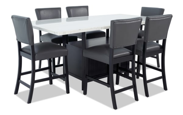 Elm 7 Piece Espresso, Marble & Gray Faux Leather Storage Counter Height Dining Set with transitional style, marble tabletop, gray faux leather Bob-O-Pedic® memory foam chairs, and MDF base with storage.