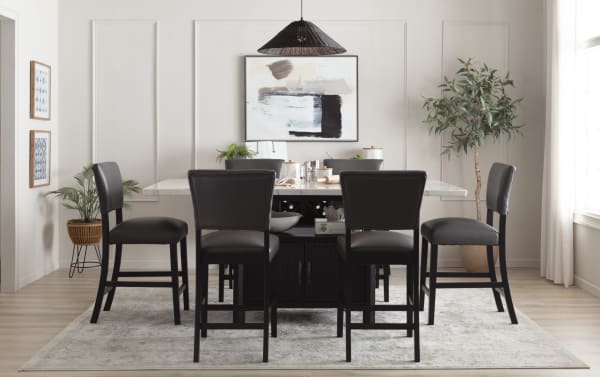 Elm 7 Piece Espresso, Marble & Gray Faux Leather Storage Counter Height Dining Set with transitional style, marble tabletop, and plush gray faux leather Bob-O-Pedic® Memory Foam seating.